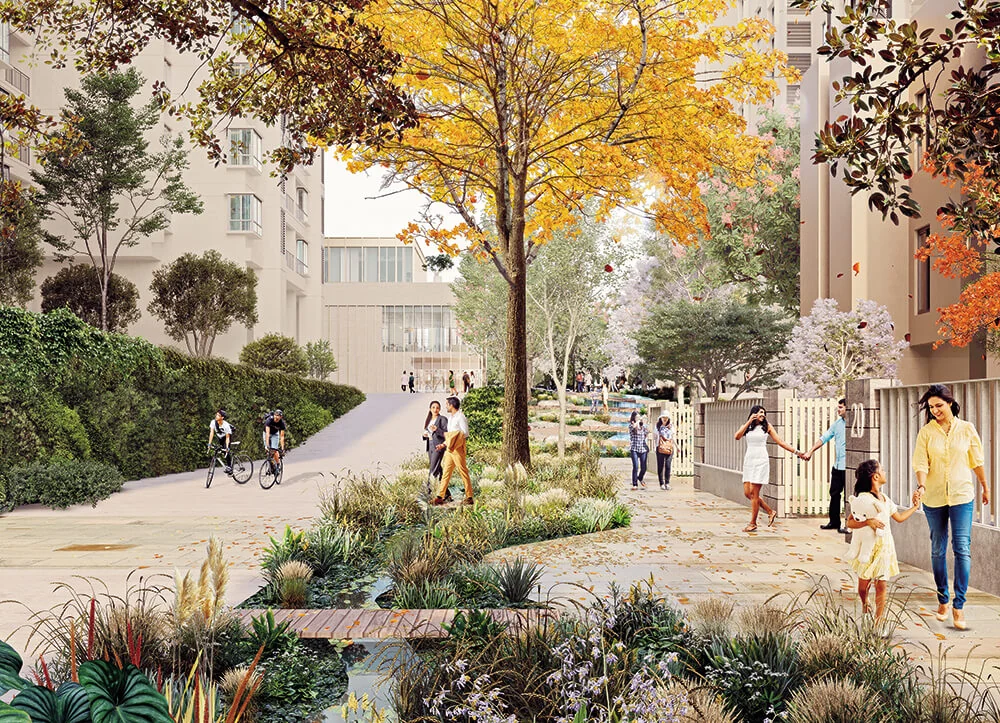 Pedestrian Central Spine walkway lined with trees and gardens at Nikoo Homes 8
