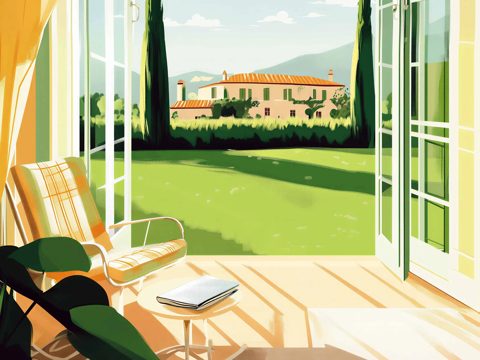 Illustration of a courtyard villa terrace opening onto a lawn