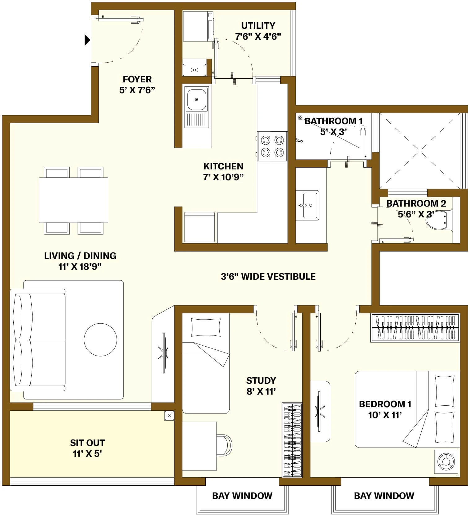 Nikoo Homes 8 1 BHK + Study floor plan, unit type C1A, 1,088 sq ft saleable