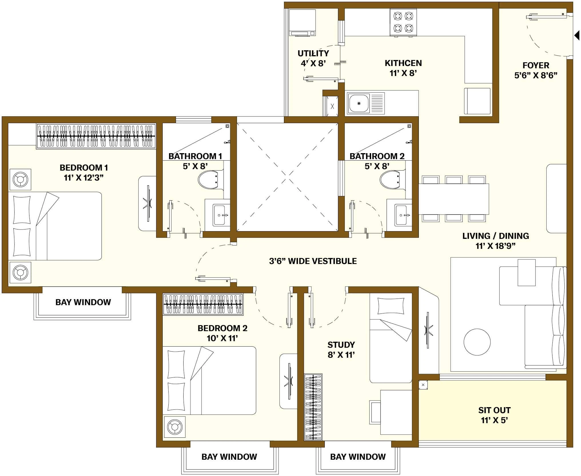 Nikoo Homes 8 2 BHK + Study floor plan, unit type F1A, 1,371 sq ft saleable