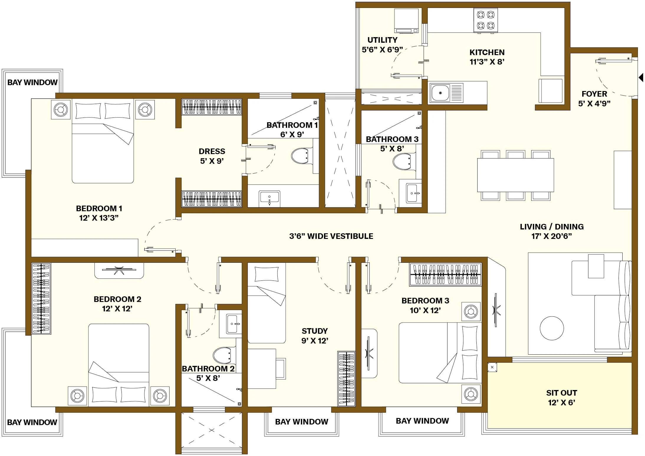Nikoo Homes 8 3 BHK + Study floor plan, unit type H1B, 2,006 sq ft saleable