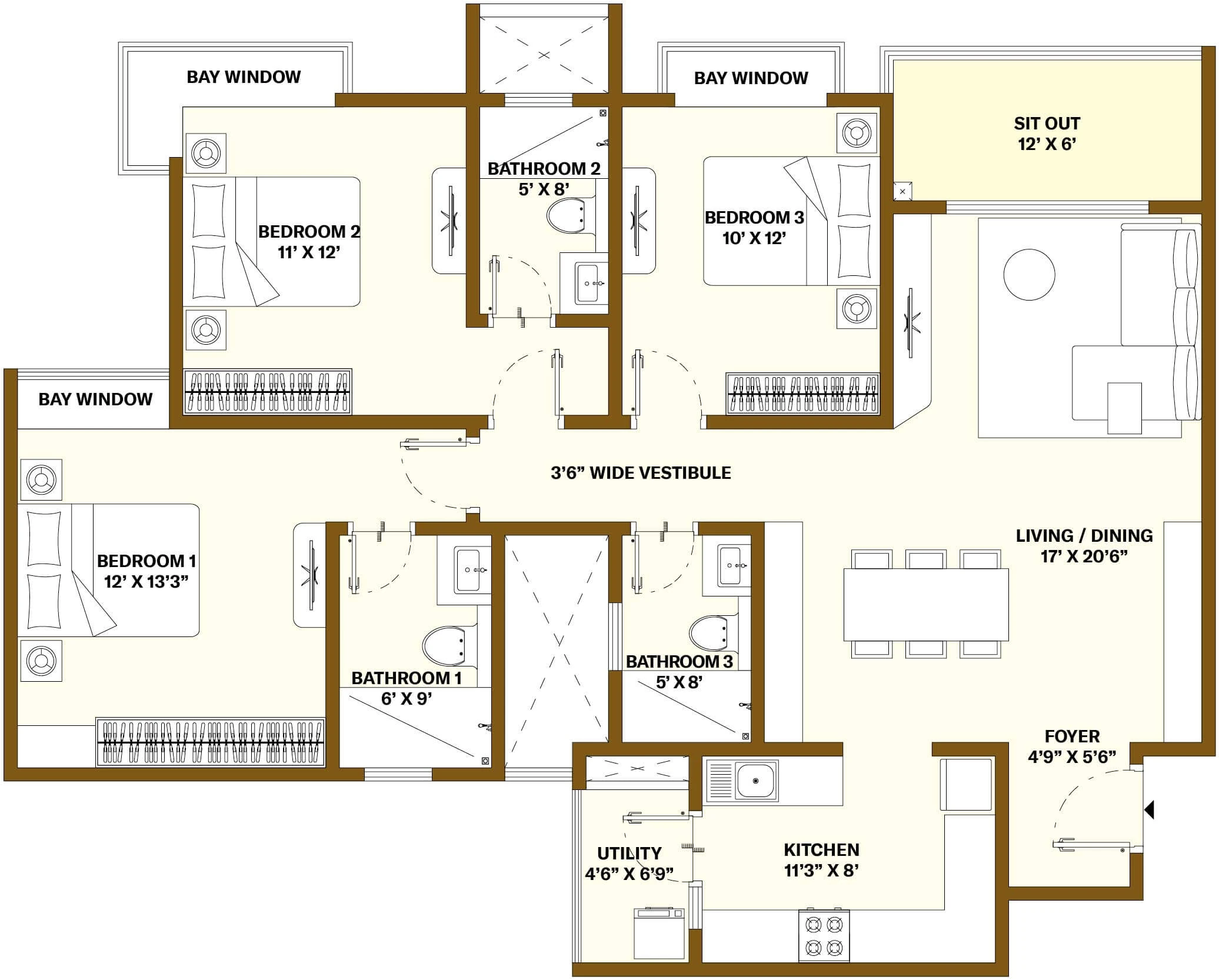 Nikoo Homes 8 3 BHK · 1,730 sq ft floor plan