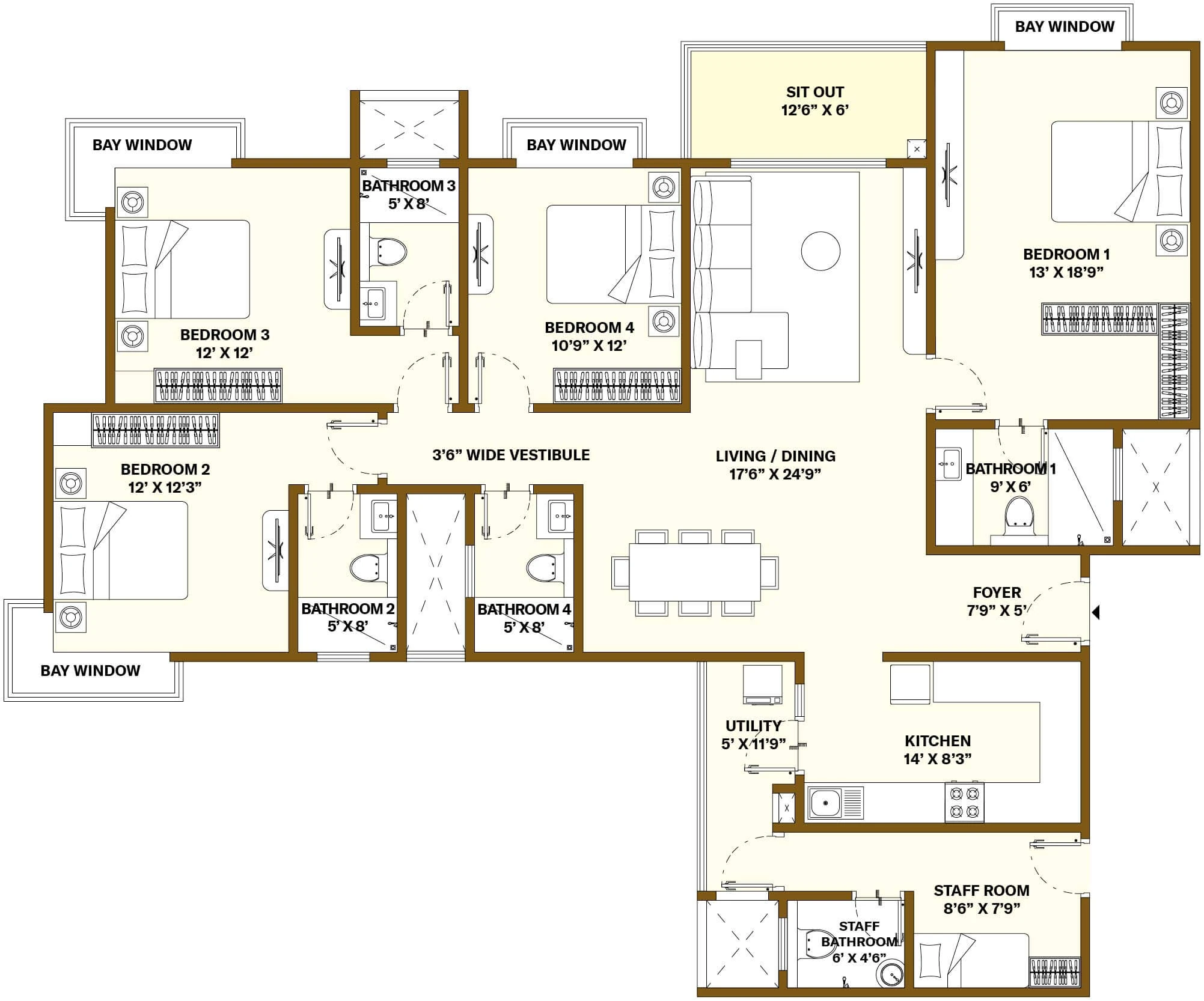 Nikoo Homes 8 4 BHK + Staff · 2,506 sq ft floor plan