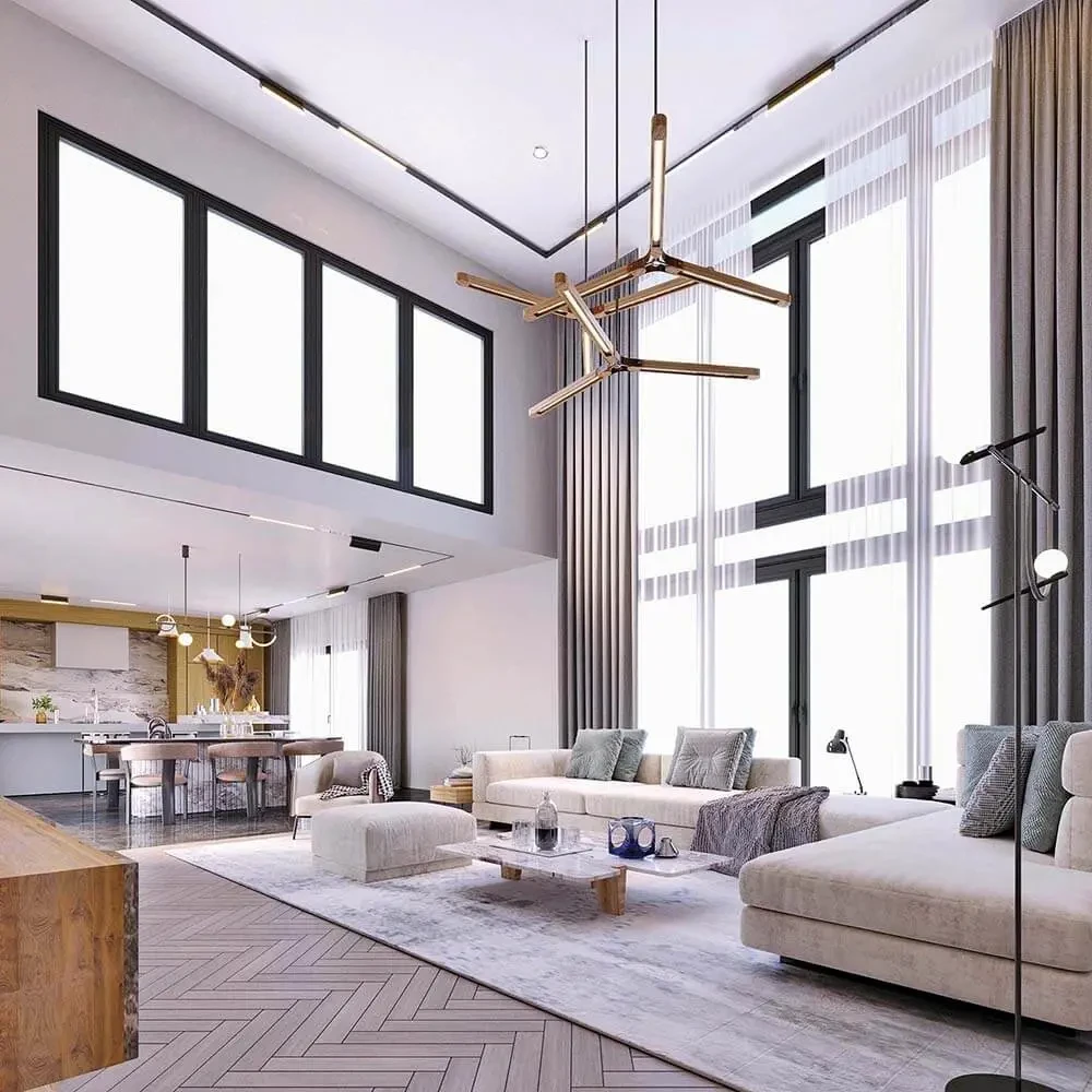 Duplex loft double-height living room render — Nikoo Homes 8 3 BHK Duplex Loft