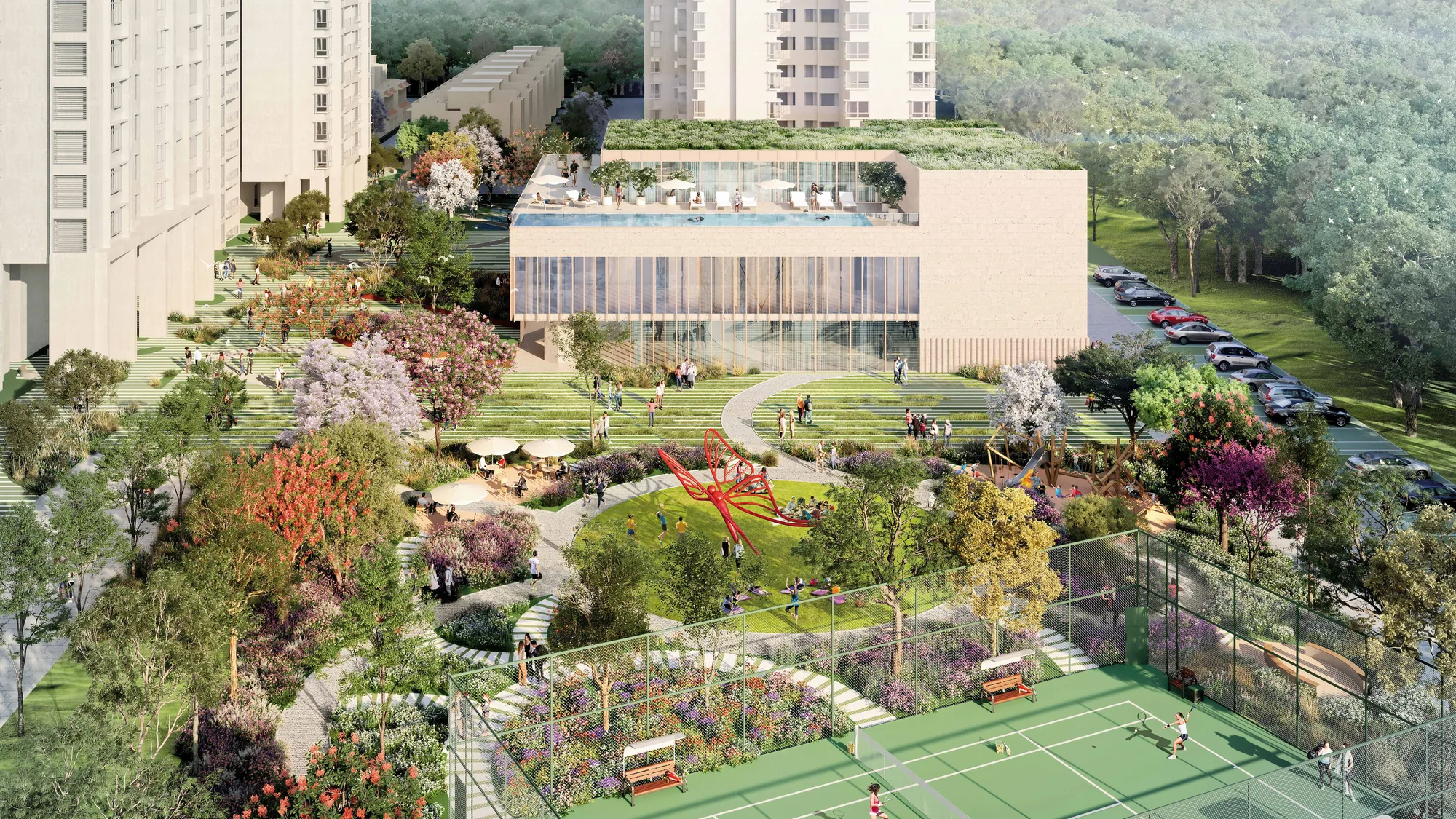 Aerial view of the Black Swan Club, Central Spine gardens and tennis court at Nikoo Homes 8