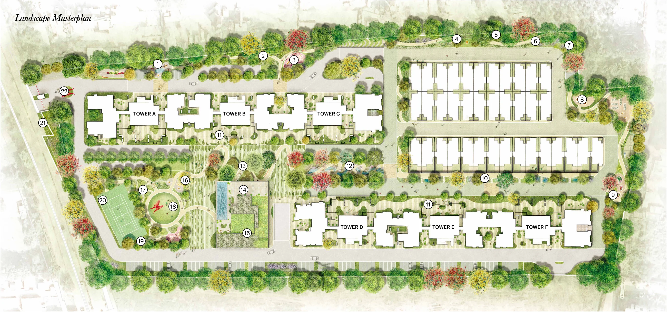 Nikoo Homes 8 master plan with Towers A to F, the Central Spine and the Black Swan Club