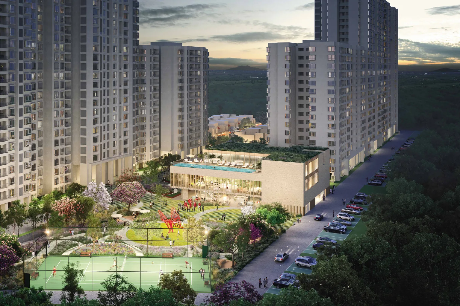 Aerial render of Nikoo Homes 8 towers and the Central Spine at dusk, Thanisandra