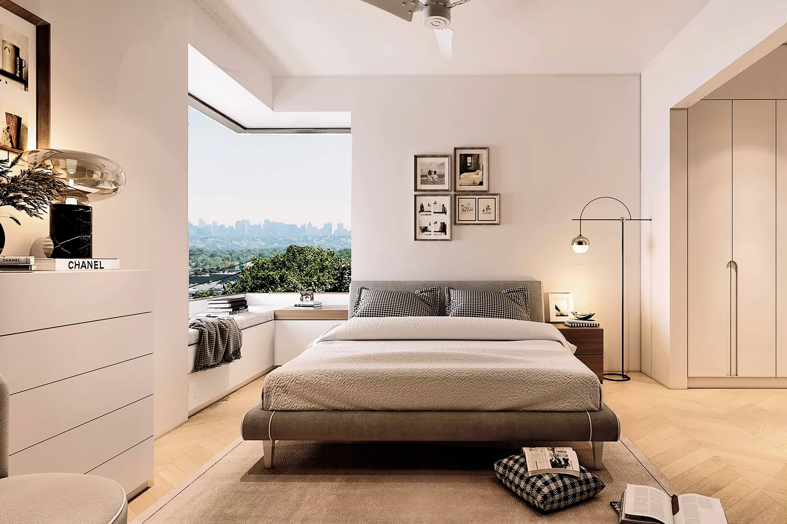 Bright bedroom interior render at Nikoo Homes 8