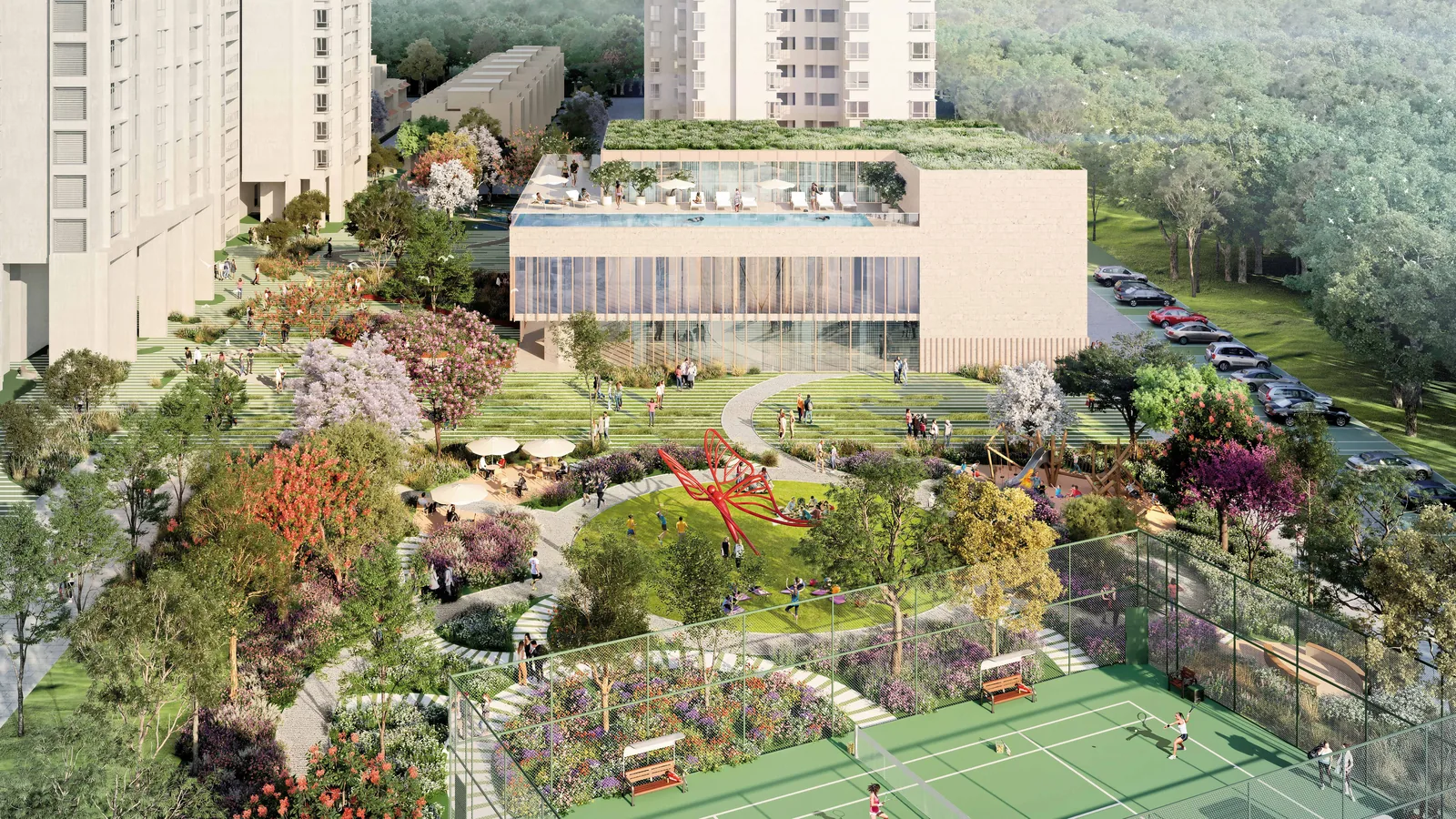 Aerial render of the Black Swan Club and gardens at Nikoo Homes 8